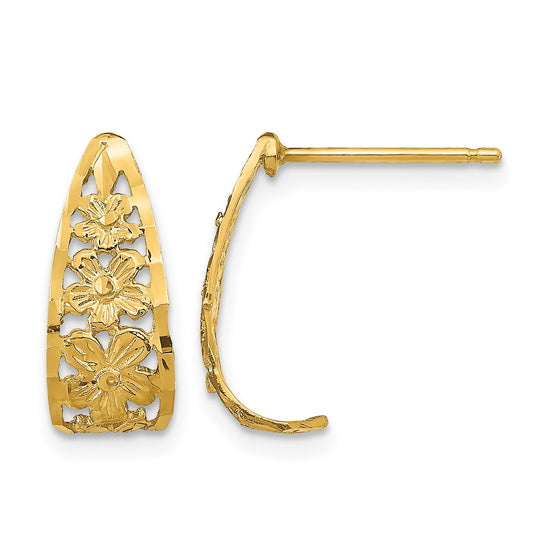 14K Diamond-cut Flower J-Hoop Post Earrings