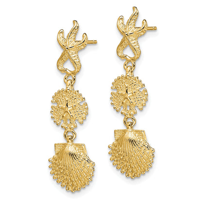 14K Starfish, Sand Dollar ,Scallop Shell Dangle Earrings