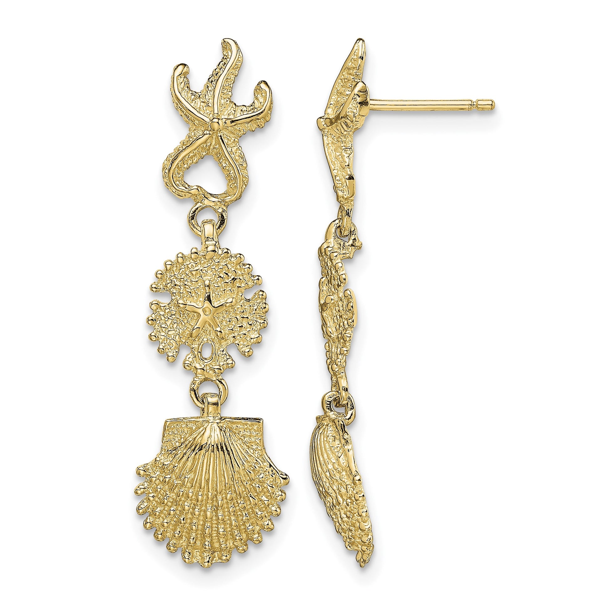 14K Starfish, Sand Dollar ,Scallop Shell Dangle Earrings