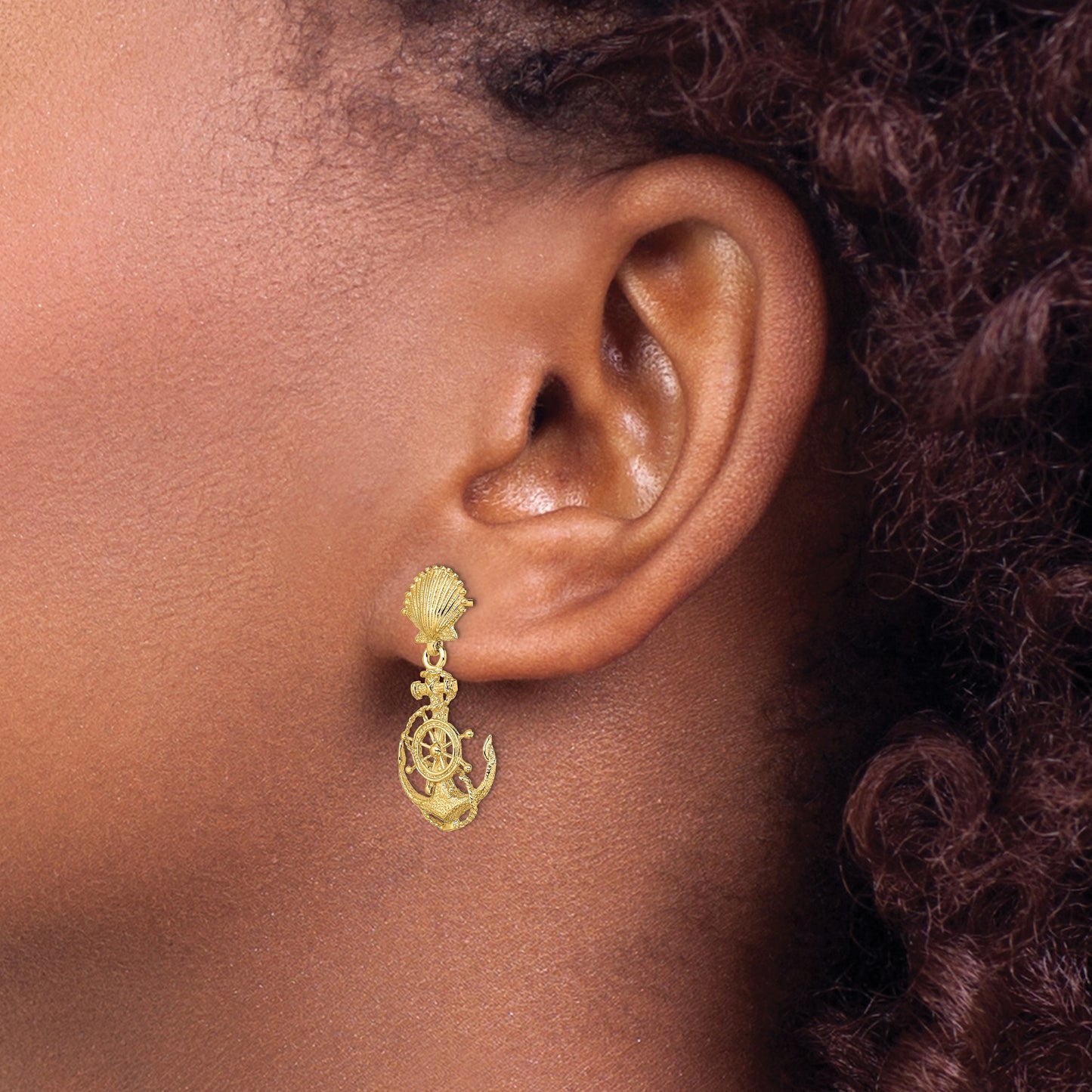 14K Shell and Anchor with Ships Wheel Dangle Post Earrings