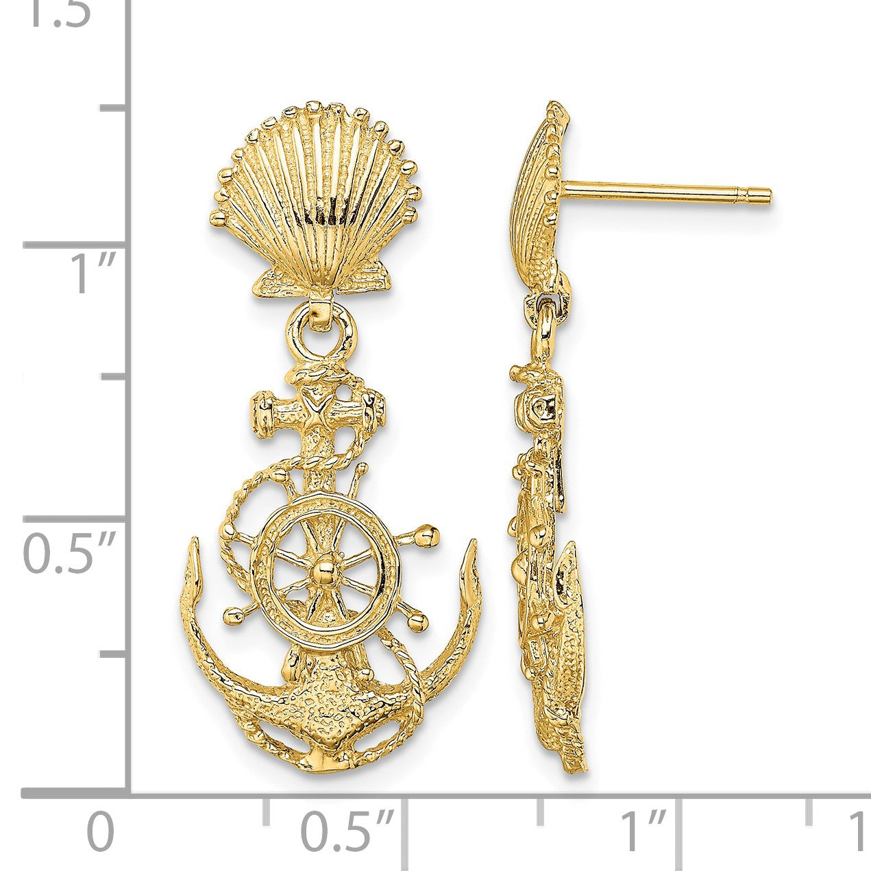 14K Shell and Anchor with Ships Wheel Dangle Post Earrings