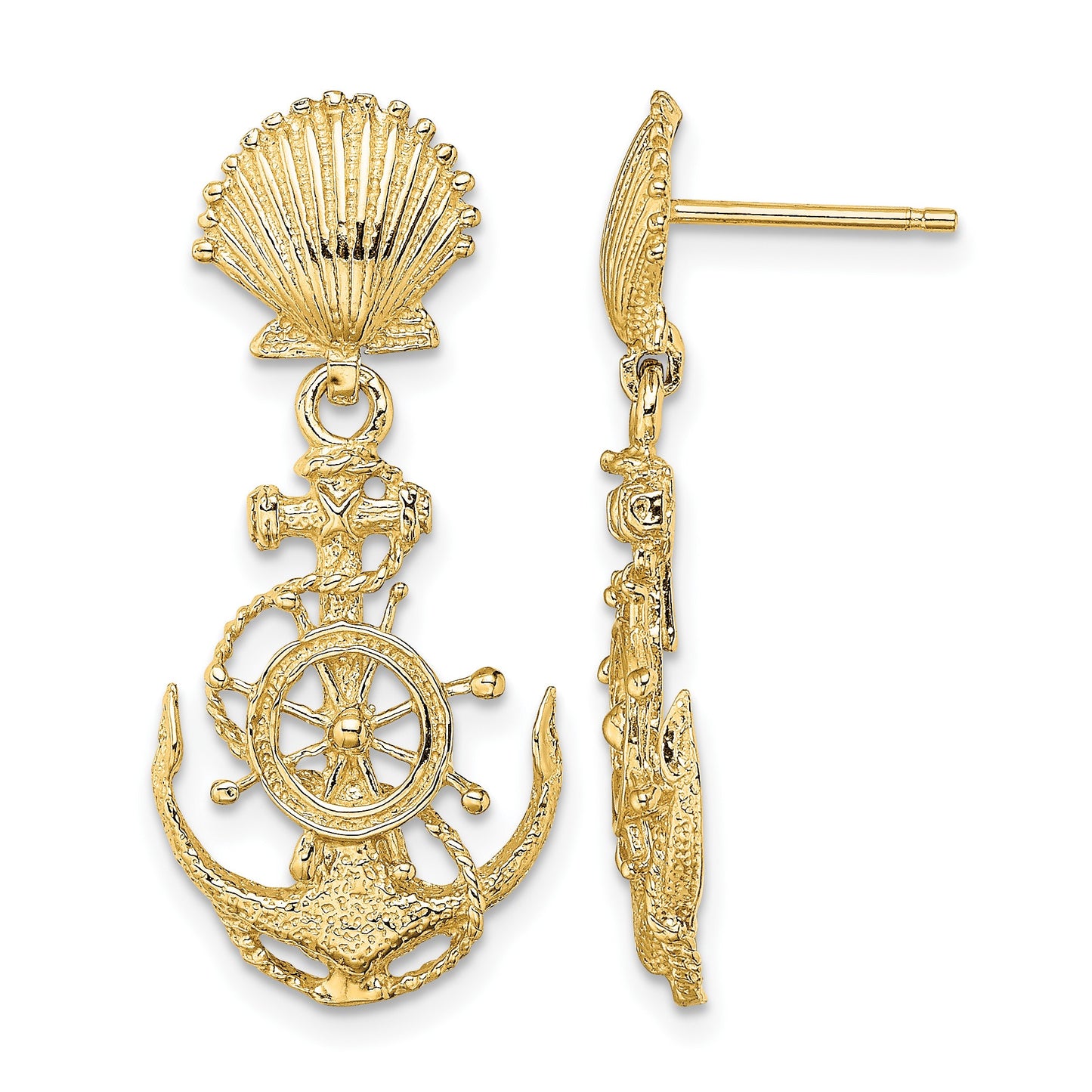 14K Shell and Anchor with Ships Wheel Dangle Post Earrings