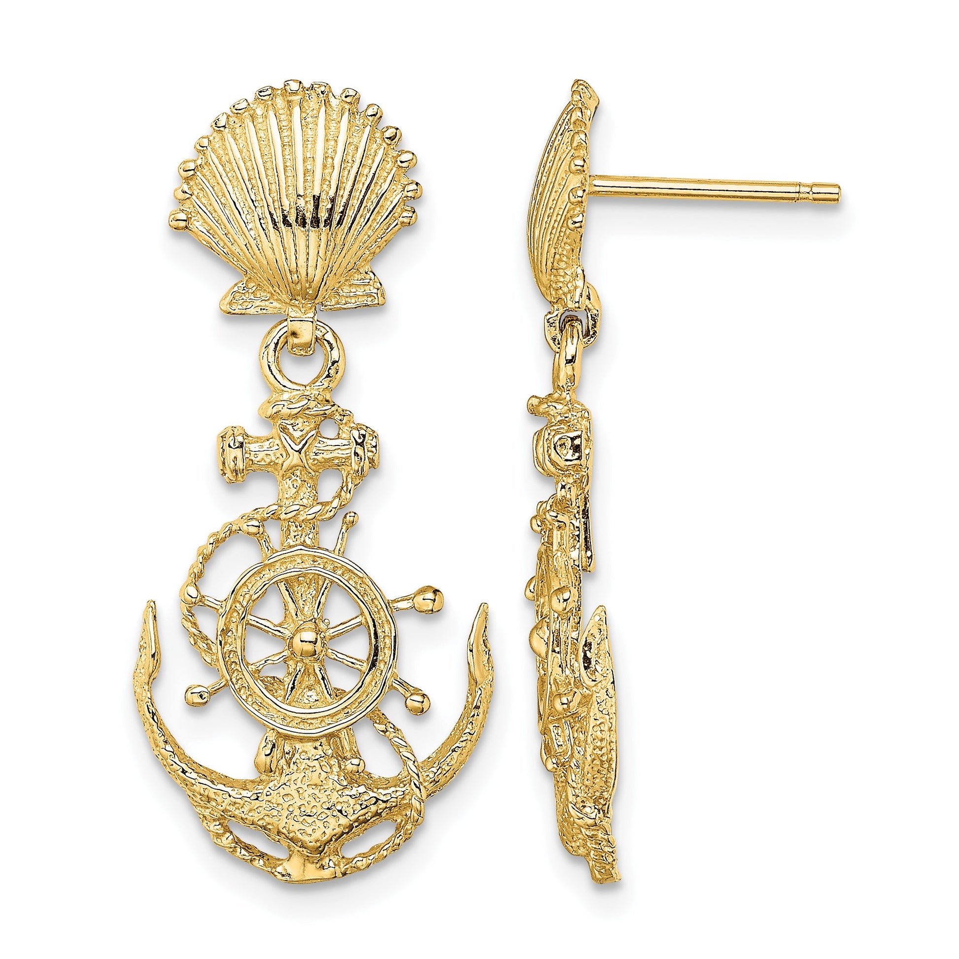 14K Shell and Anchor with Ships Wheel Dangle Post Earrings