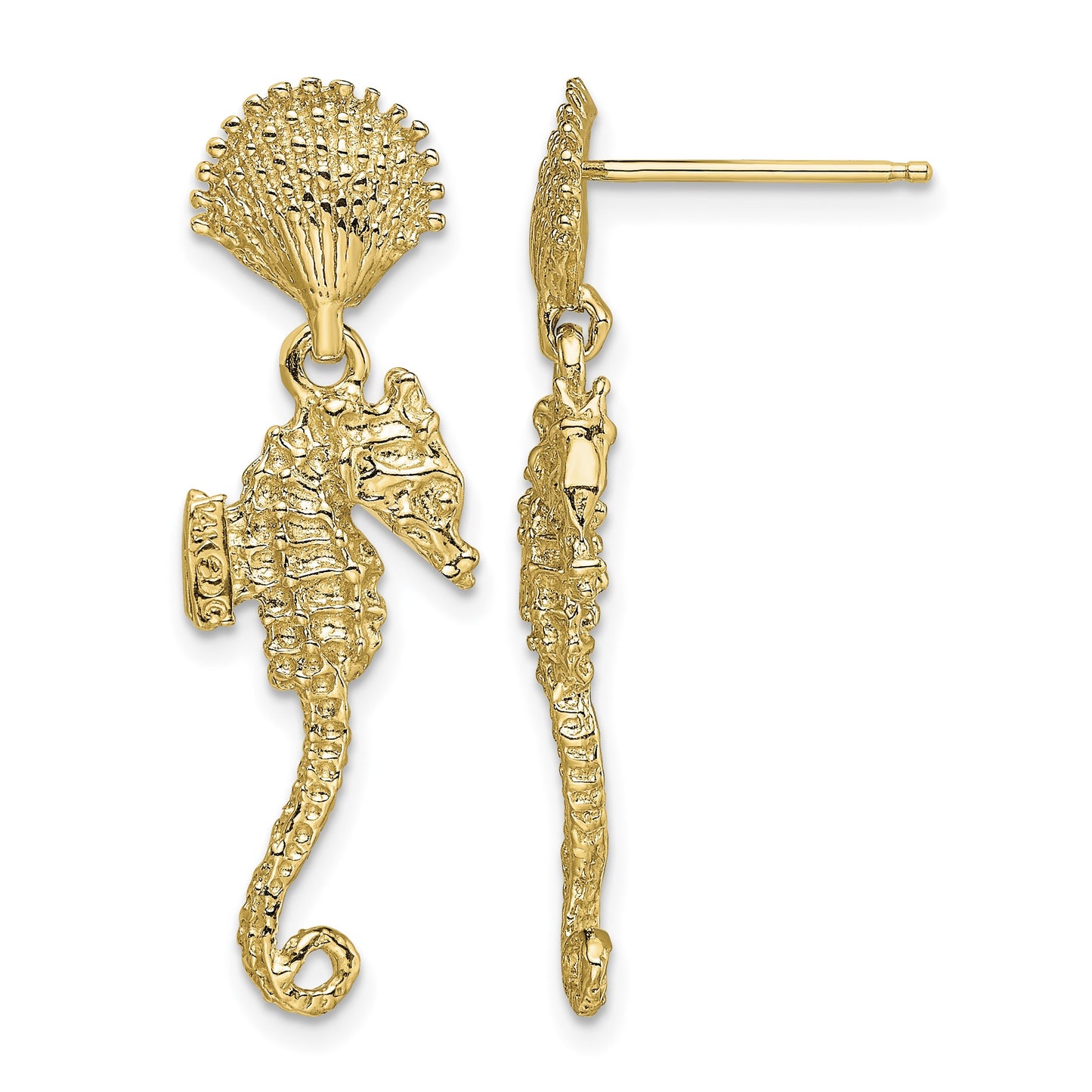 14K Shell and Seahorse Dangle Post Earrings