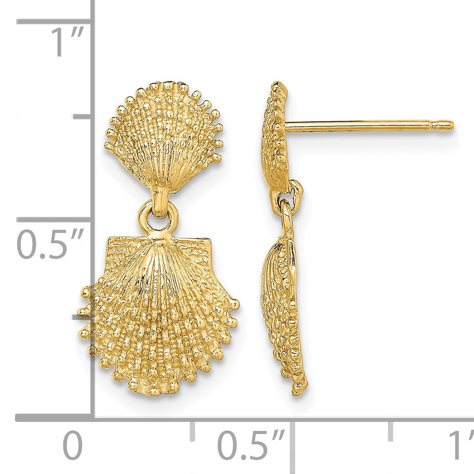 14K Double Beaded Scallop Shell Dangle Earrings