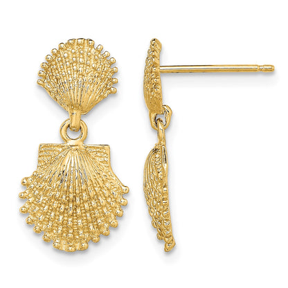14K Double Beaded Scallop Shell Dangle Earrings