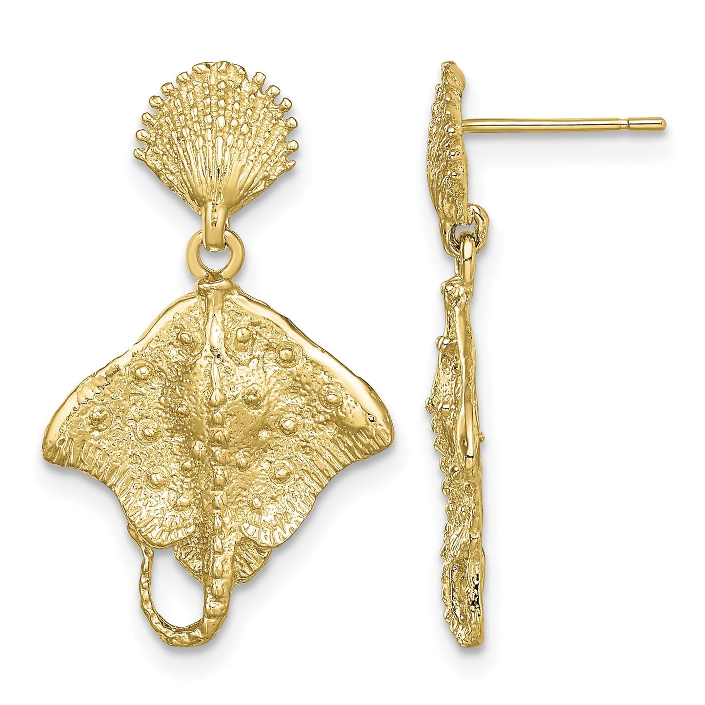 14K Shell and Stingray Post Dangle Earrings