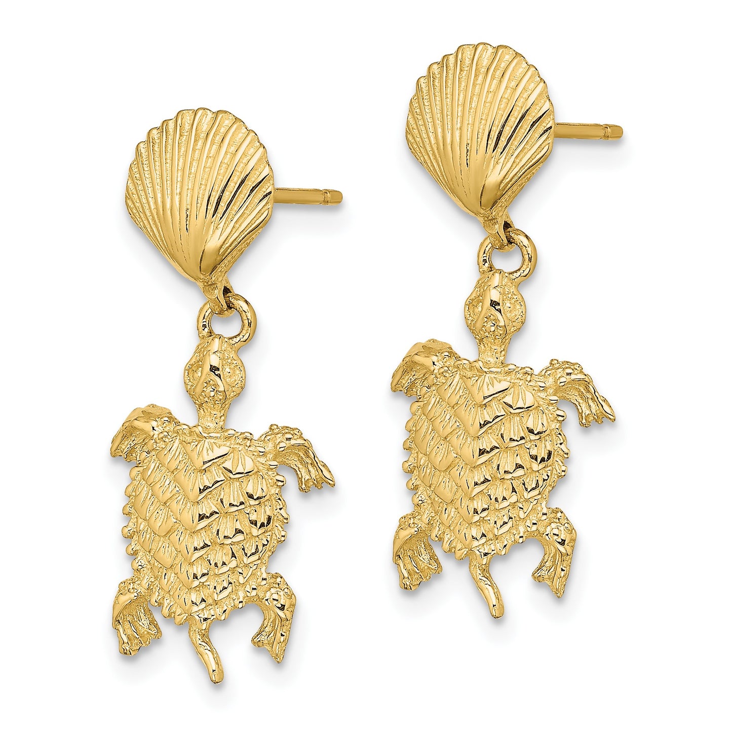14K Shell and Sea Turtle Dangle Post Earrings