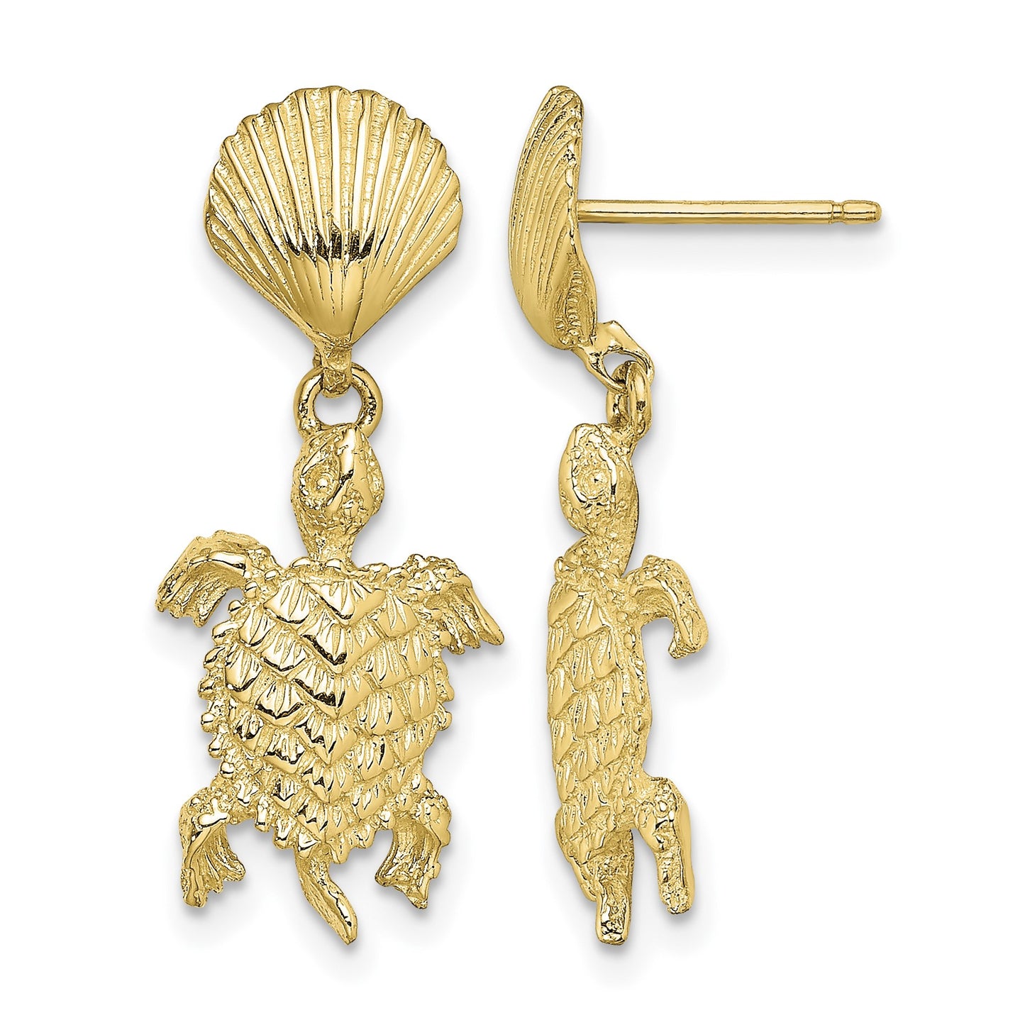 14K Shell and Sea Turtle Dangle Post Earrings