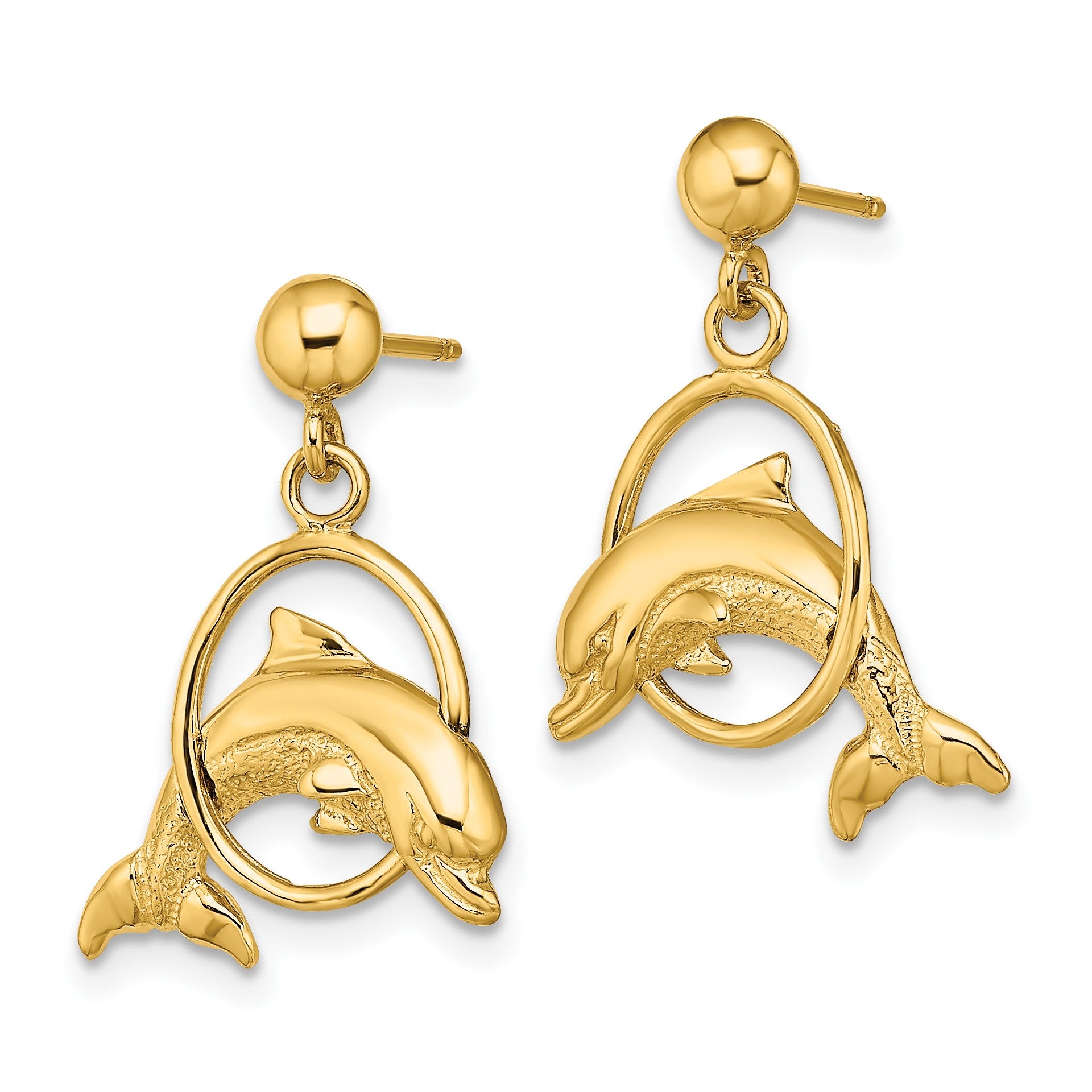 14K 2-D Polished Dolphin Jumping Through Hoop Dangle Post Earrings