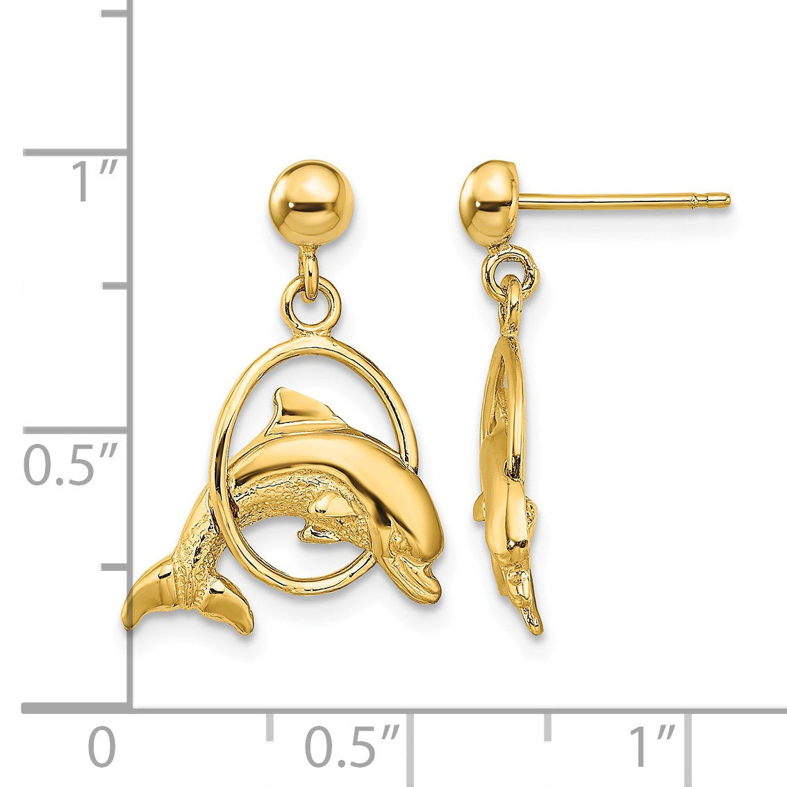 14K 2-D Polished Dolphin Jumping Through Hoop Dangle Post Earrings