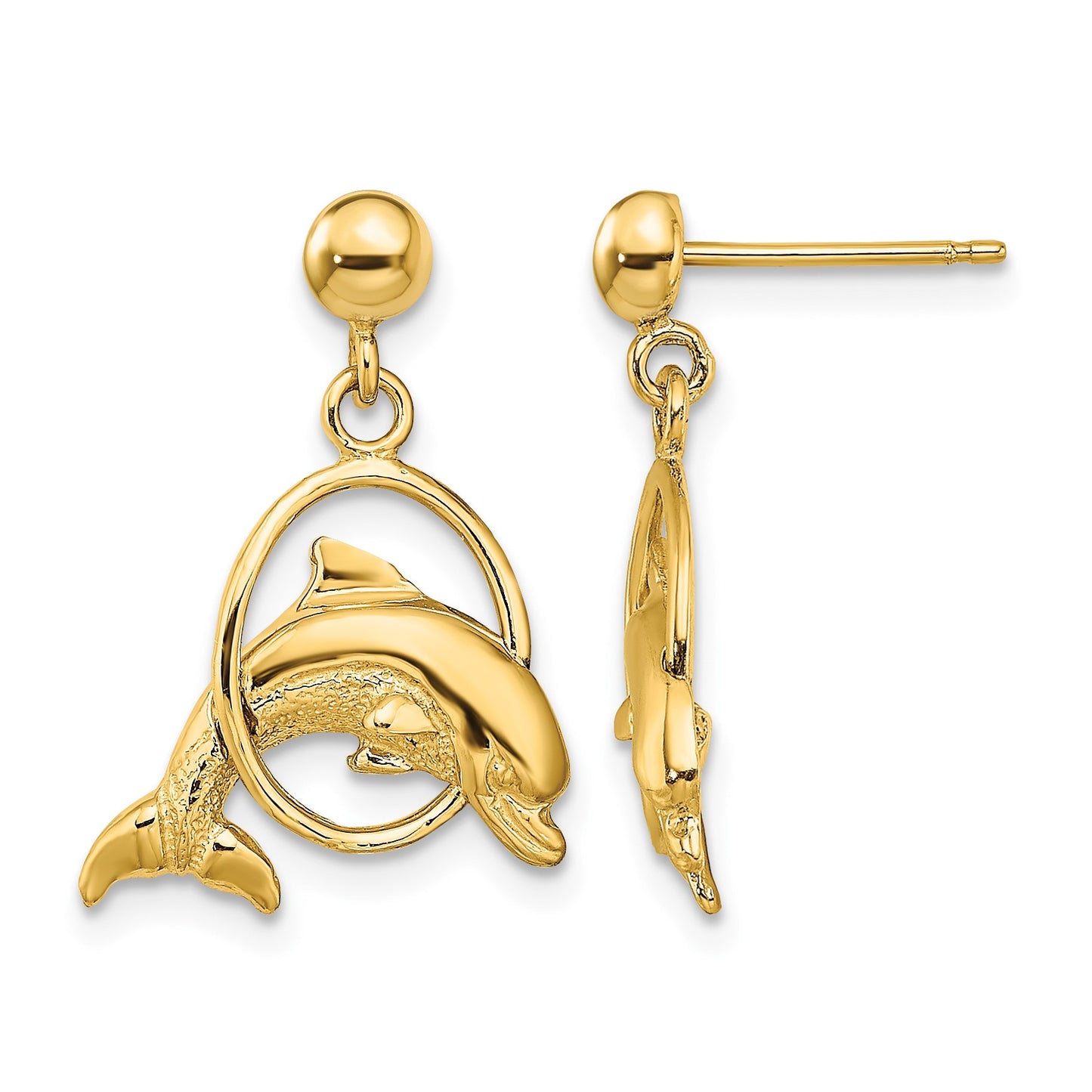 14K 2-D Polished Dolphin Jumping Through Hoop Dangle Post Earrings