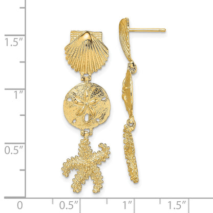14K Shell, Sand Dollar ,Starfish Post Dangle Earrings