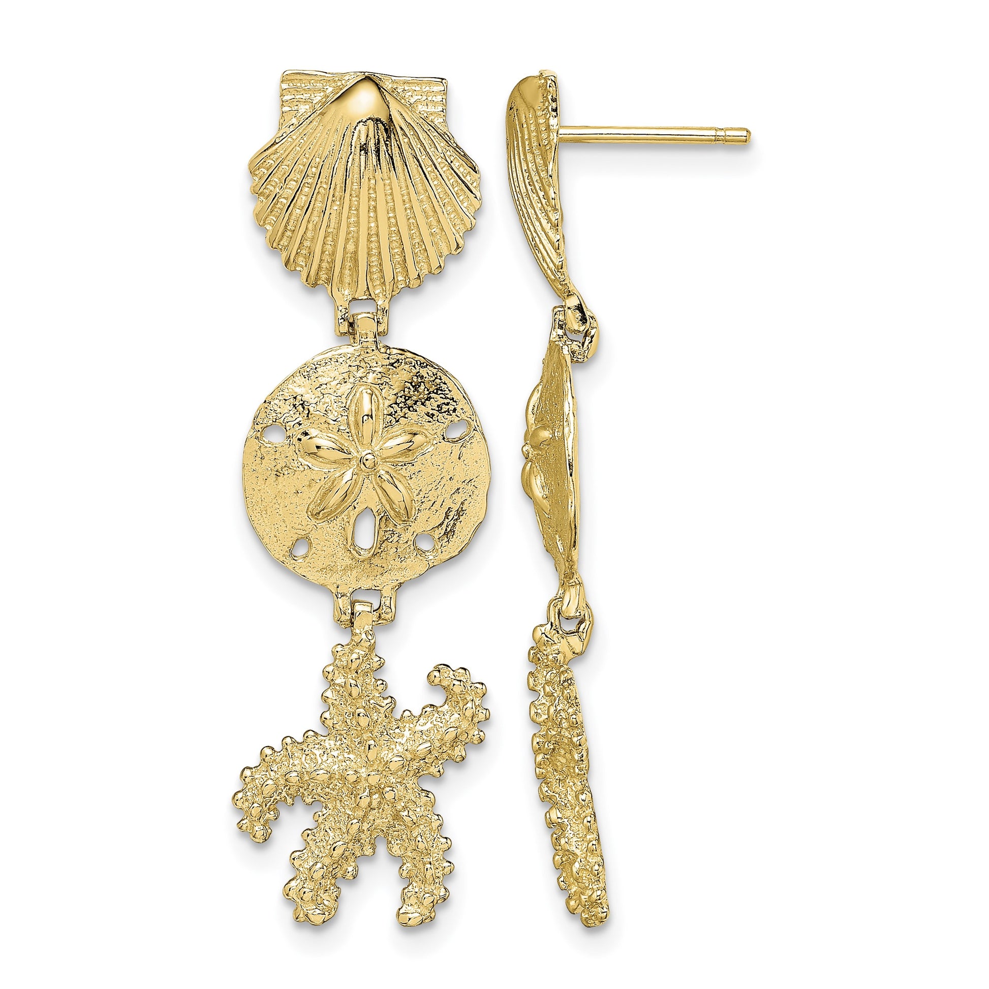 14K Shell, Sand Dollar ,Starfish Post Dangle Earrings