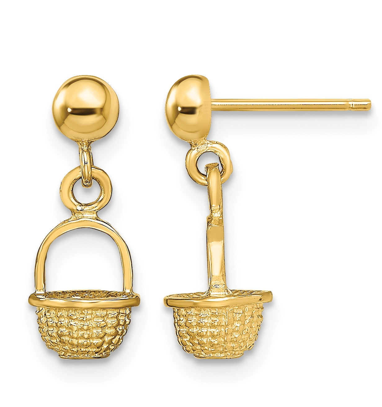 14K 3-D Mini Basket Dangle Post Earrings