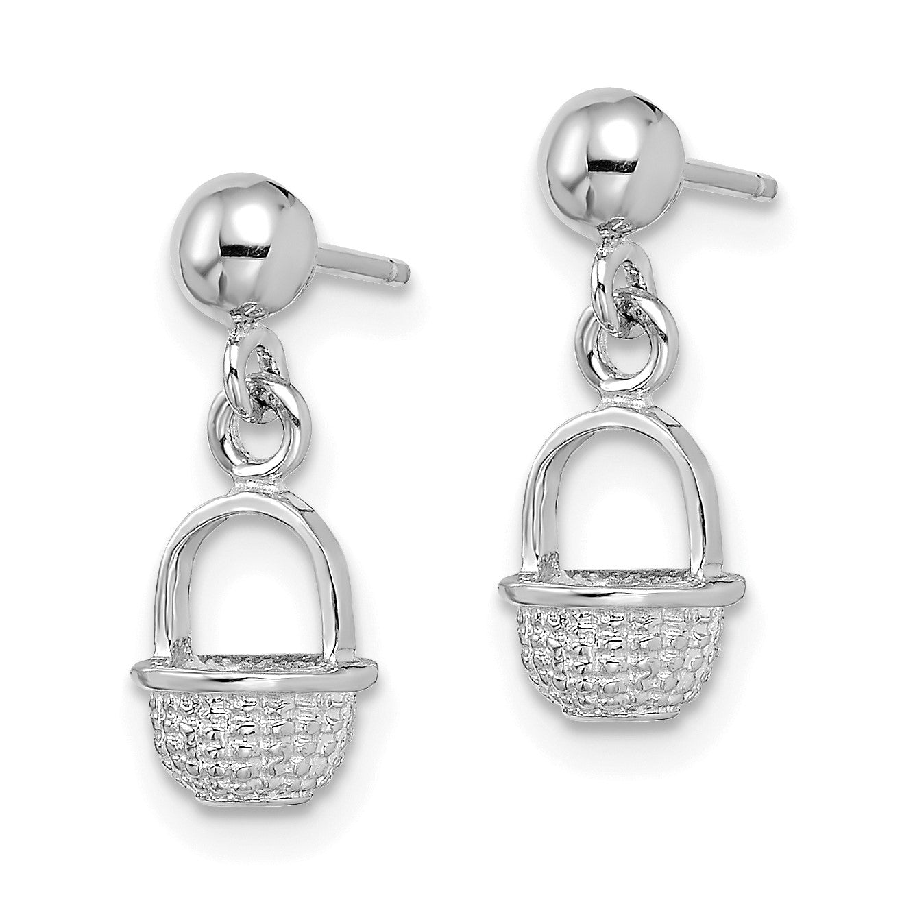 14K White Gold 3-D Mini Basket Dangle Post Earrings