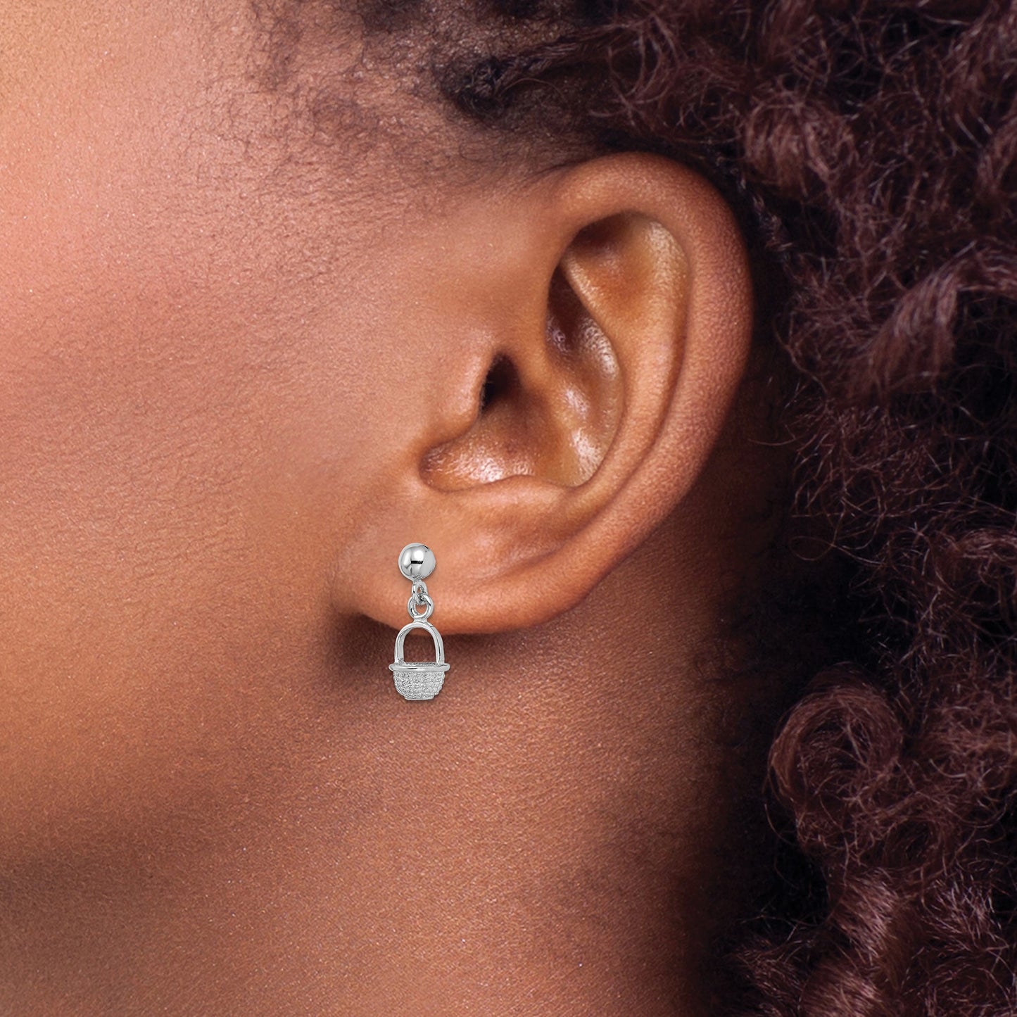 14K White Gold 3-D Mini Basket Dangle Post Earrings