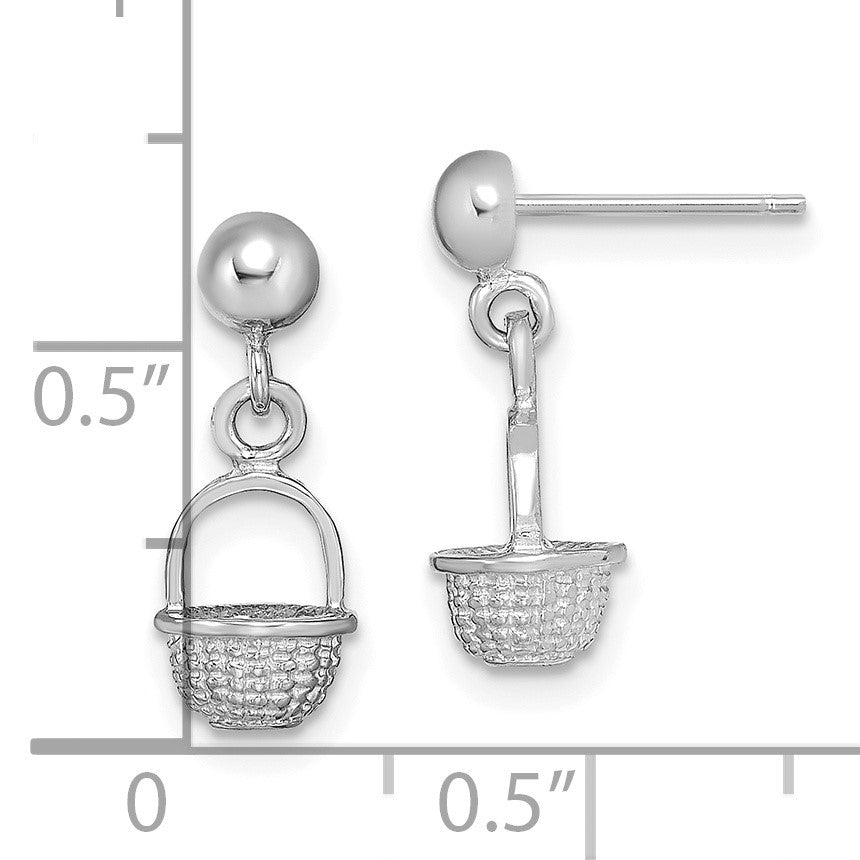14K White Gold 3-D Mini Basket Dangle Post Earrings