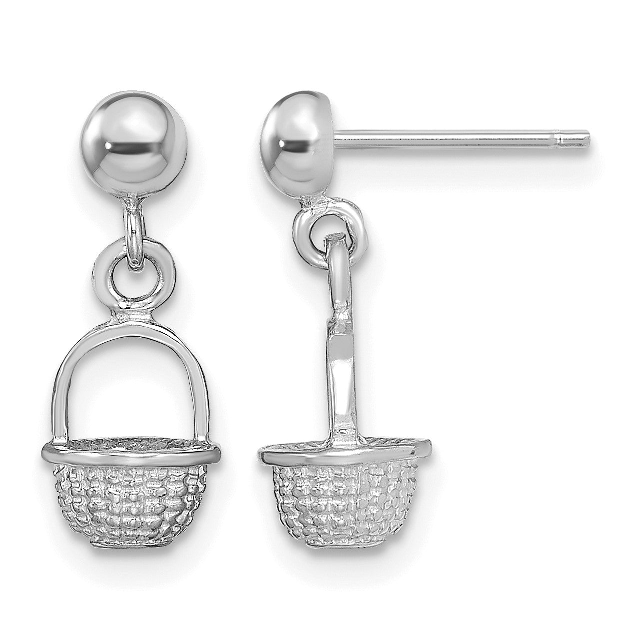 14K White Gold 3-D Mini Basket Dangle Post Earrings