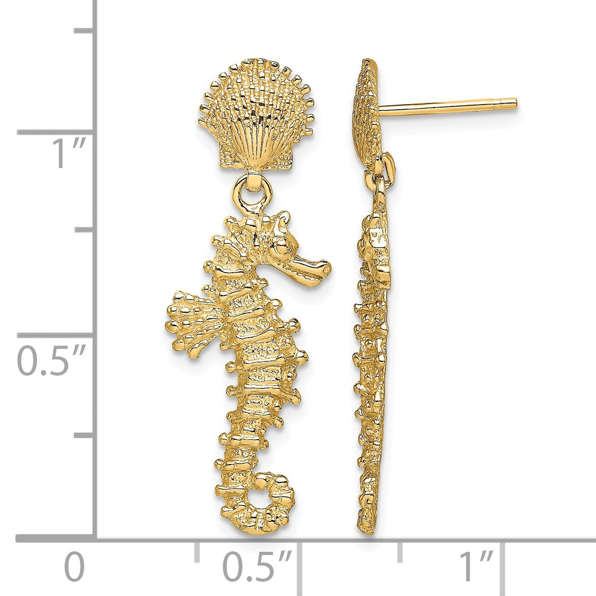 14K Seahorse Dangling From Shell Post Earrings