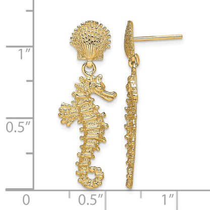 14K Seahorse Dangling From Shell Post Earrings