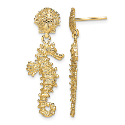 14K Seahorse Dangling From Shell Post Earrings