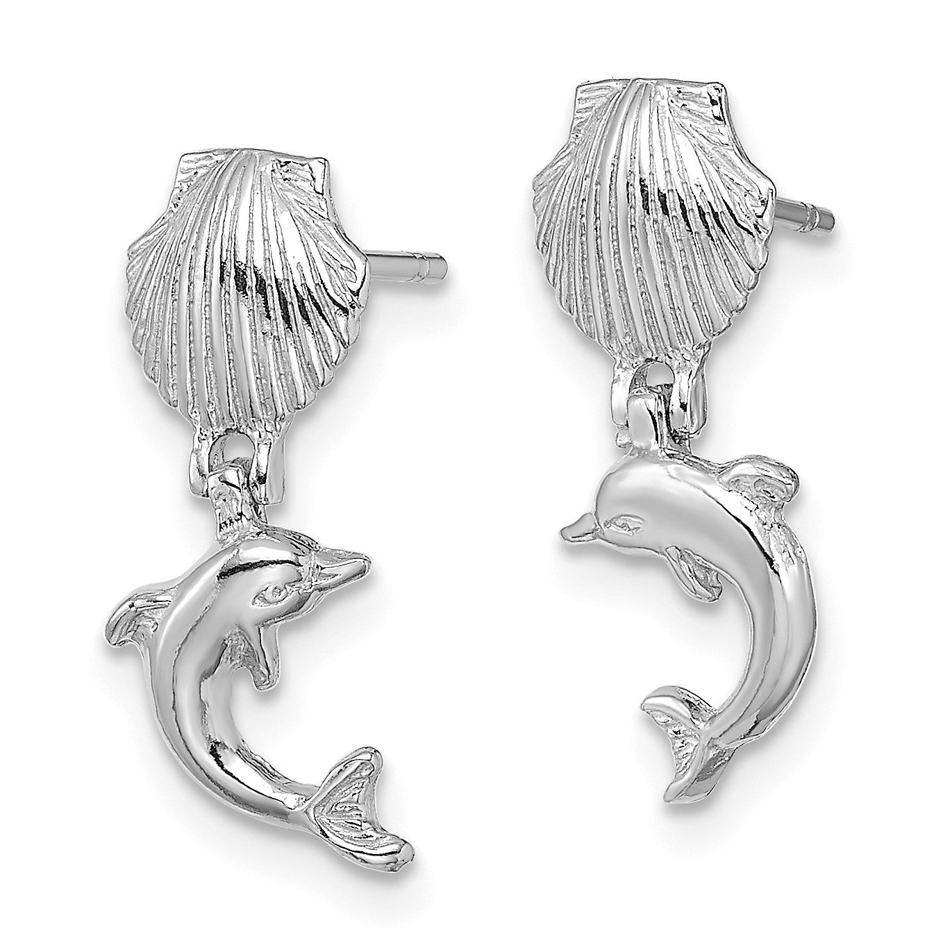 14K White Gold Dolphin Dangle From Mini Scallop Post Earrings