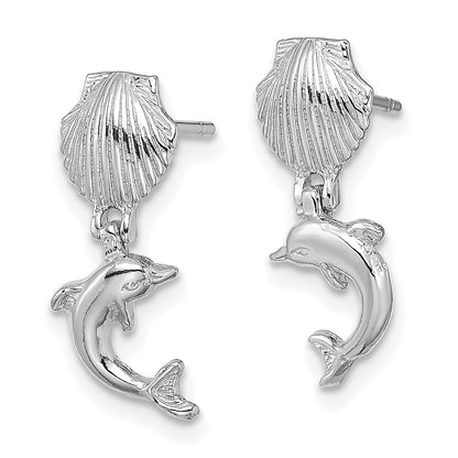 14K White Gold Dolphin Dangle From Mini Scallop Post Earrings