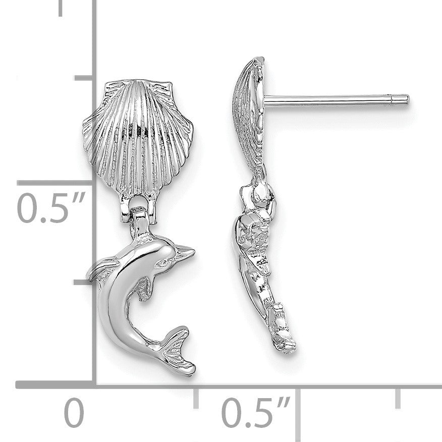14K White Gold Dolphin Dangle From Mini Scallop Post Earrings