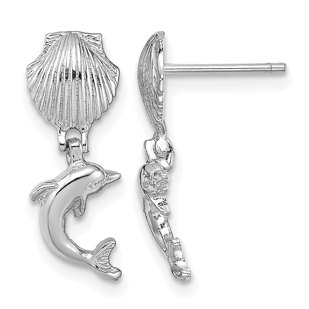 14K White Gold Dolphin Dangle From Mini Scallop Post Earrings