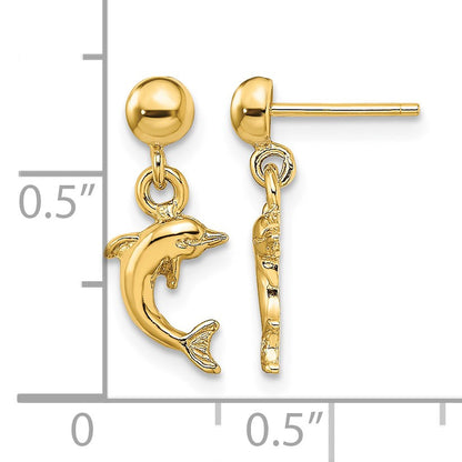 14K Mini Jumping Dolphin Dangle Post Earrings