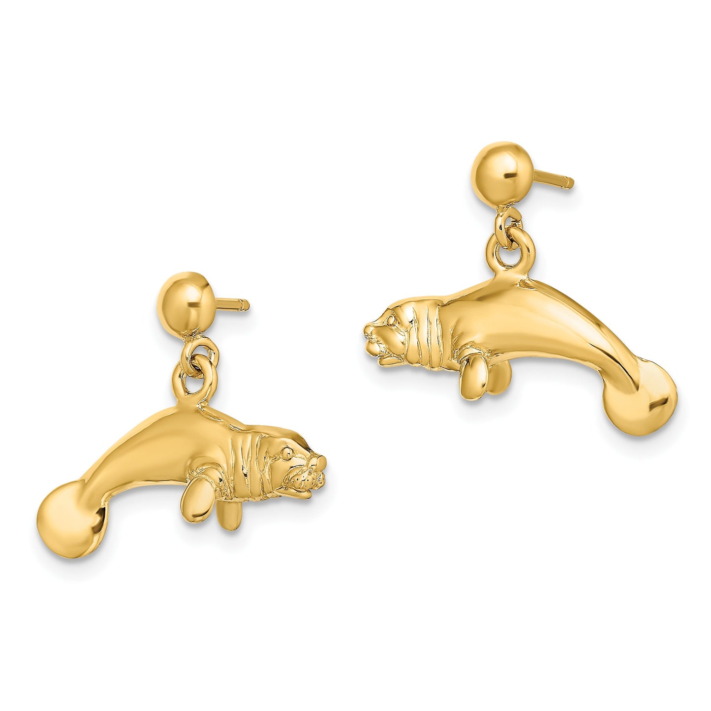 14K 3-D Polished Manatee Dangle Post Earrings