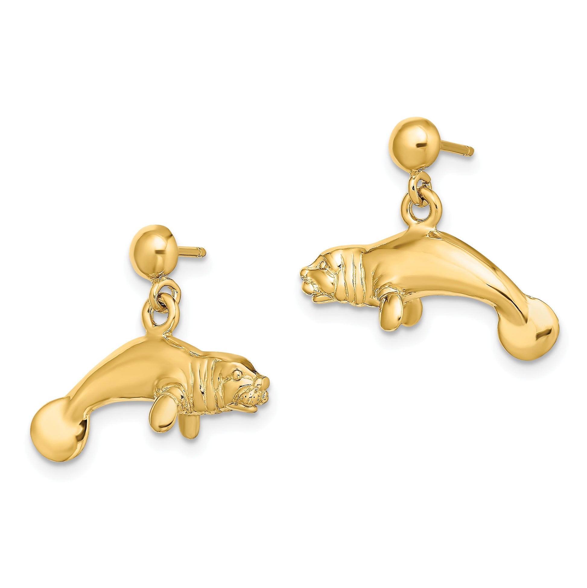 14K 3-D Polished Manatee Dangle Post Earrings