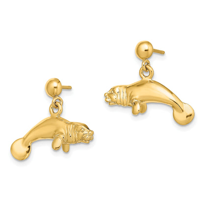 14K 3-D Polished Manatee Dangle Post Earrings