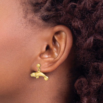 14K 3-D Polished Manatee Dangle Post Earrings