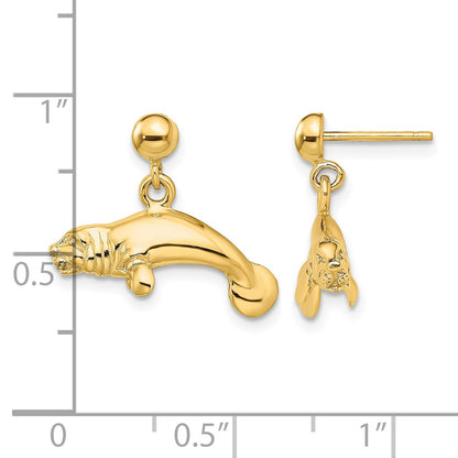 14K 3-D Polished Manatee Dangle Post Earrings