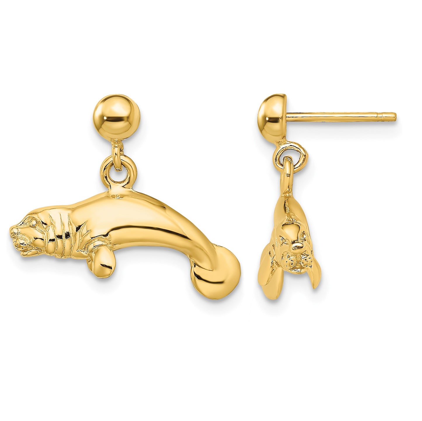 14K 3-D Polished Manatee Dangle Post Earrings