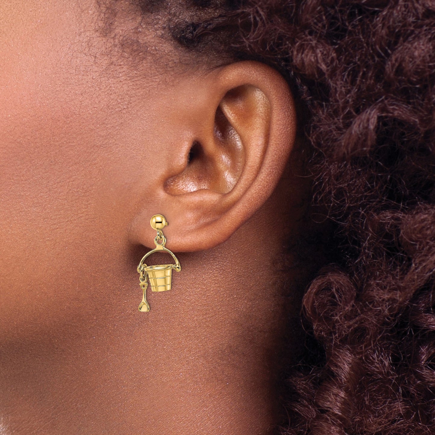 14K 3-D Beach Bucket with Shovel Dangle Post Earrings