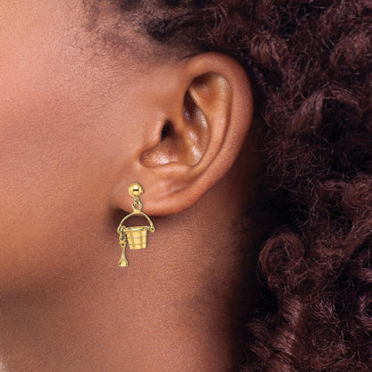 14K 3-D Beach Bucket with Shovel Dangle Post Earrings