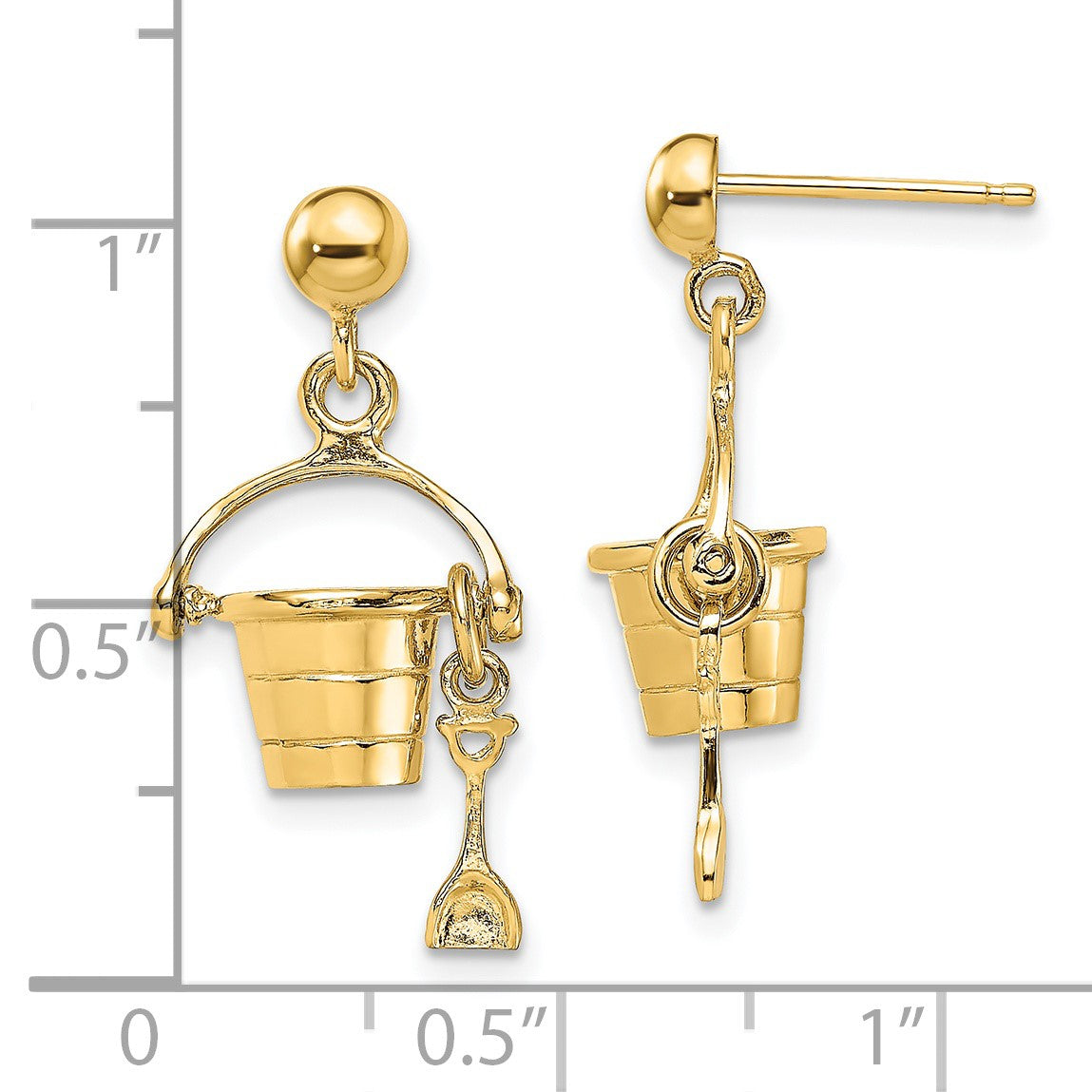 14K 3-D Beach Bucket with Shovel Dangle Post Earrings
