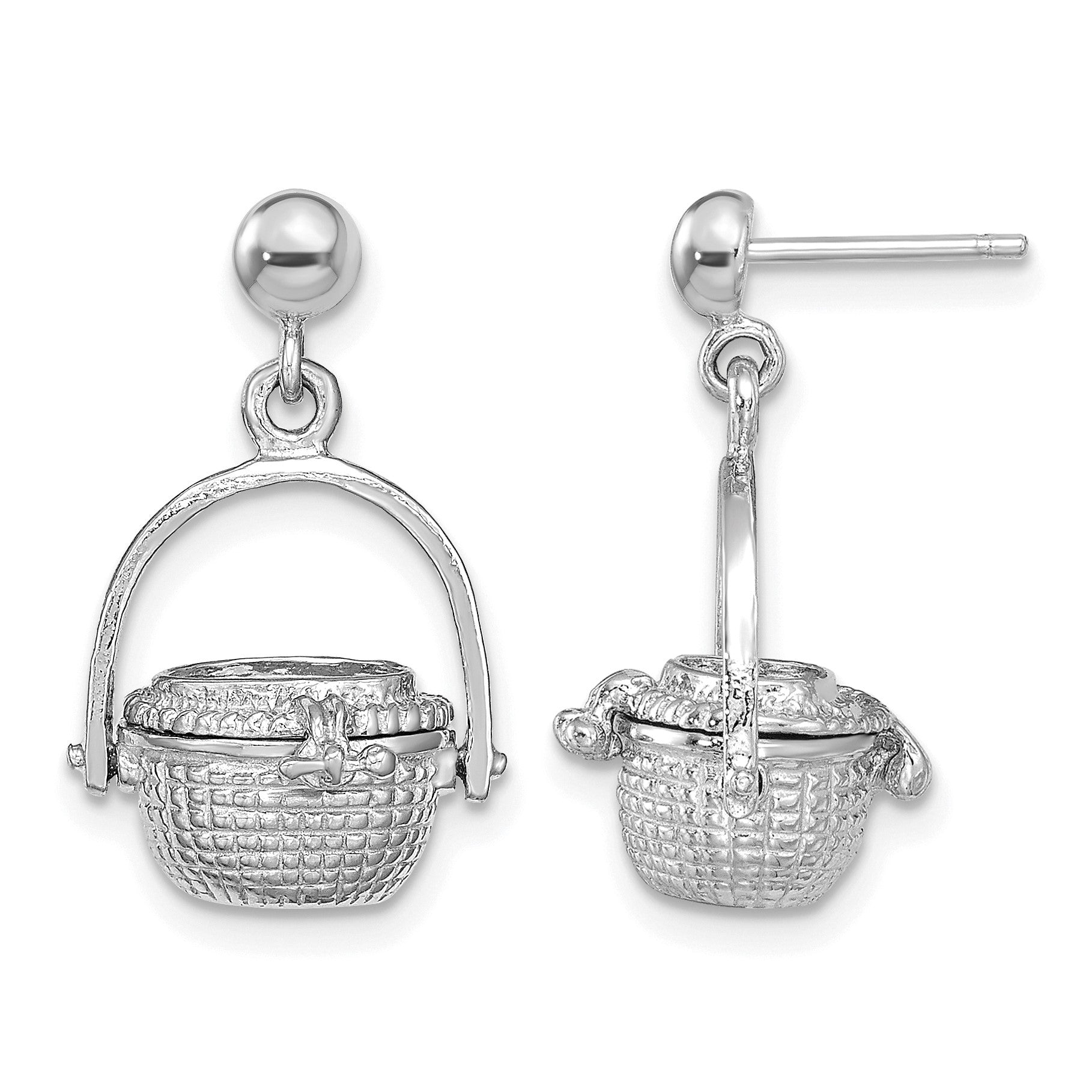 14K White Gold 3-D Nantucket Basket Opens Dangle Post Earrings