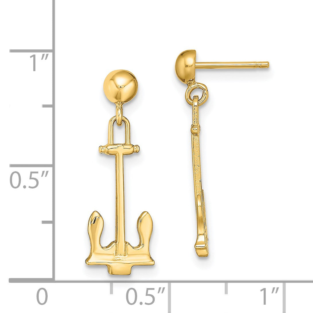 14K Polished Navy T-bar Anchor Dangle Post Earrings