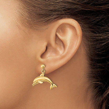 14K Jumping Dolphin Dangle Post Earrings