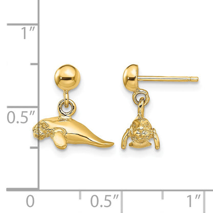 14K 3-D Polished Mini Manatee Dangle Post Earrings