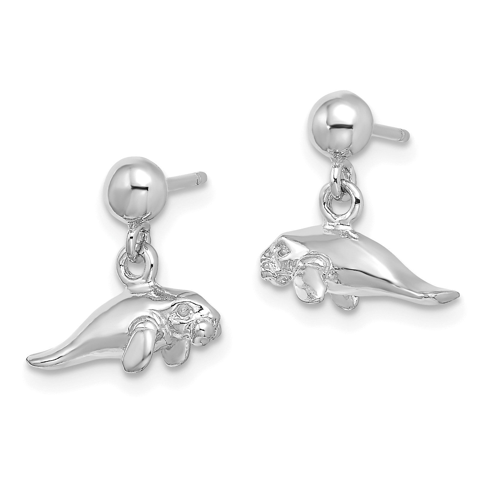 14K White Gold 3-D Polished Mini Manatee Dangle Post Earrings
