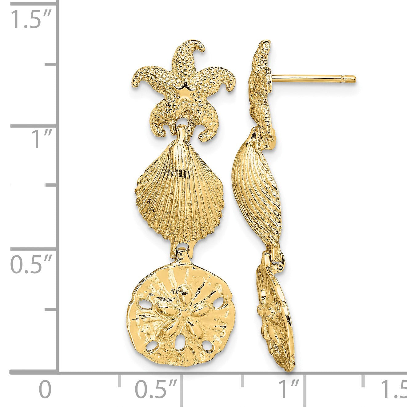 14K Starfish, Shell ,Sand Dollar Dangle Earrings