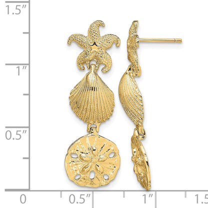 14K Starfish, Shell ,Sand Dollar Dangle Earrings