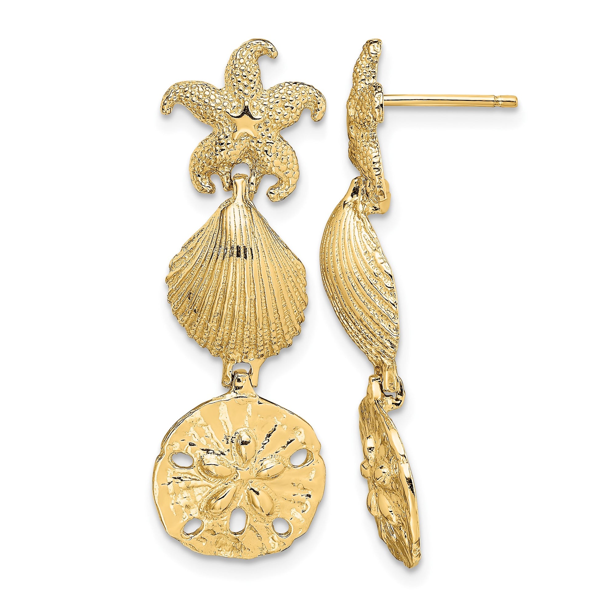 14K Starfish, Shell ,Sand Dollar Dangle Earrings