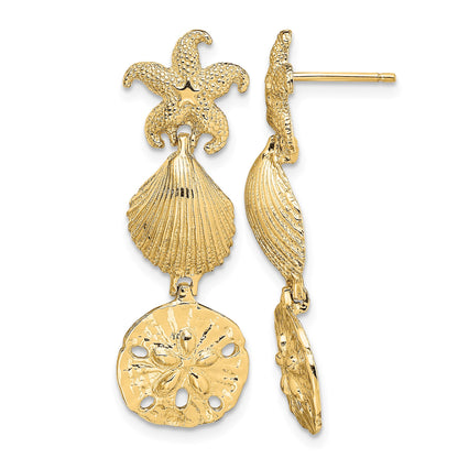 14K Starfish, Shell ,Sand Dollar Dangle Earrings