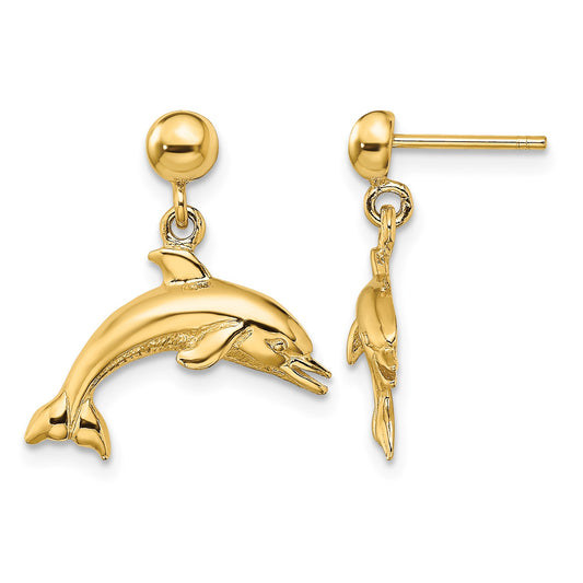 14K Jumping Dolphin Dangle Post Earrings